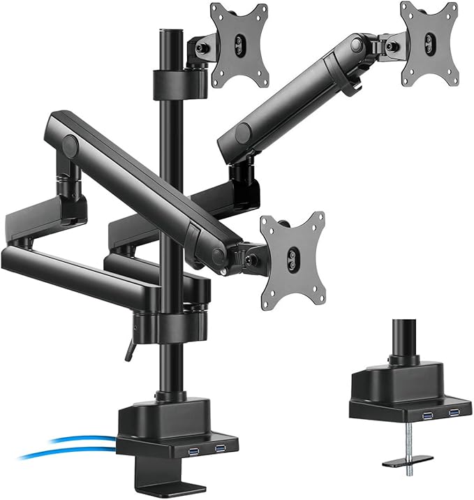 Maclean MC-811 3-Way Monitor Holder with Gas Spring Table Mount Monitor Arm VESA 75 x 75 100 x 100 17-27 Inch for 3 Monitors + 2x USB 3.0